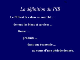26

La définition du PIB
Le PIB est la valeur au marché ...
de tous les biens et services ...
finaux ...
produits ...
dans une économie ...
au cours d’une période donnée.

 