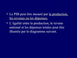 28

• Le PIB peut être mesuré par la production,
les revenus ou les dépenses.
• L’égalité entre la production, le revenu
n...