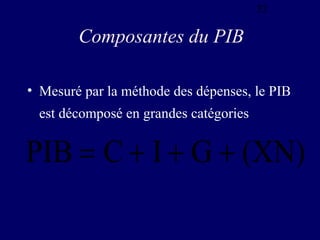 32

Composantes du PIB
• Mesuré par la méthode des dépenses, le PIB
est décomposé en grandes catégories

PIB = C + I + G + (XN)

 