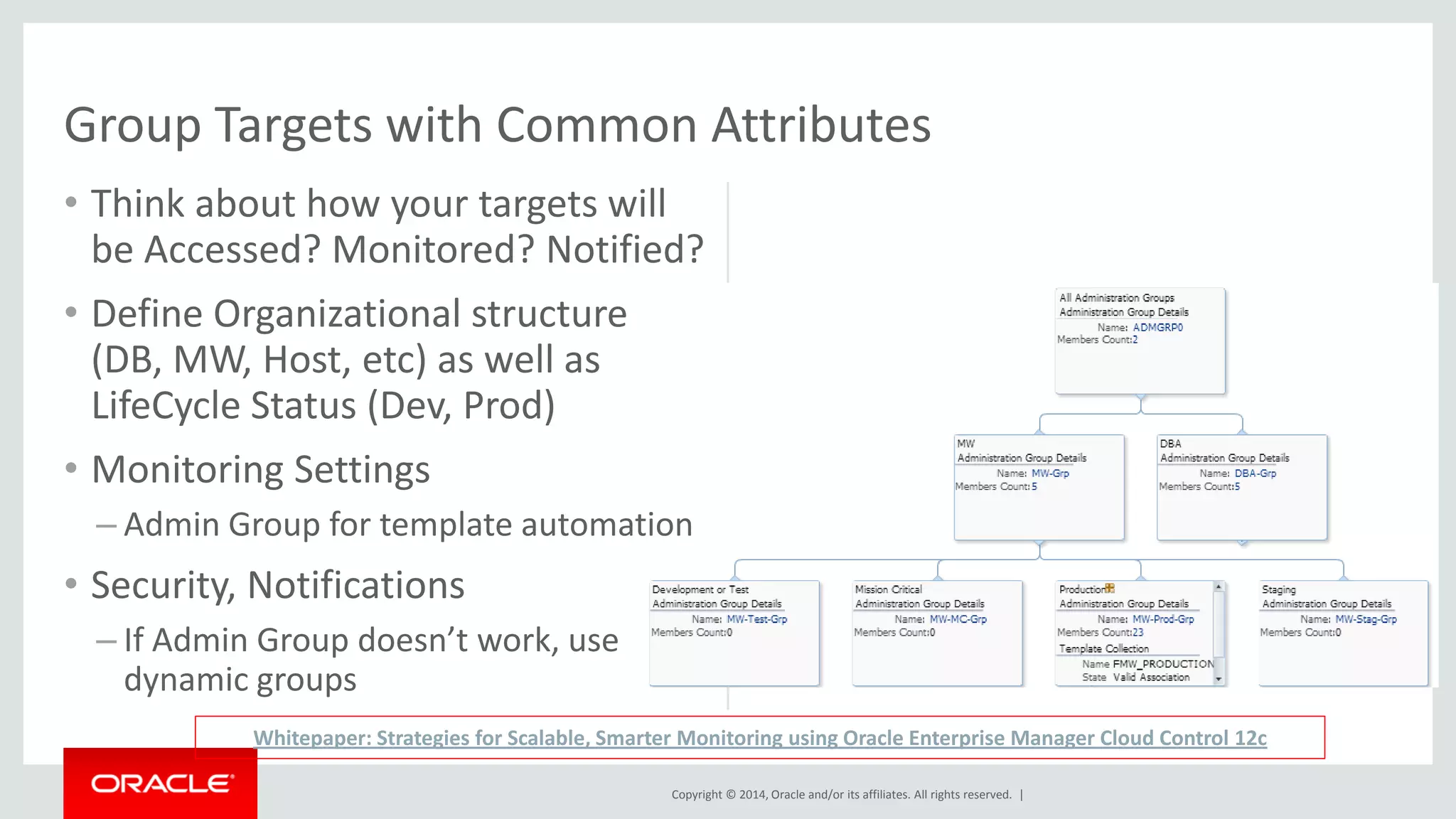 Copyright © 2014, Oracle and/or its affiliates. All rights reserved. | 
Group Targets with Common Attributes 
Whitepaper: Strategies for Scalable, Smarter Monitoring using Oracle Enterprise Manager Cloud Control 12c 
•Think about how your targets will be Accessed? Monitored? Notified? 
•Define Organizational structure (DB, MW, Host, etc) as well as LifeCycle Status (Dev, Prod) 
•Monitoring Settings 
–Admin Group for template automation 
•Security, Notifications 
–If Admin Group doesn’t work, use dynamic groups  