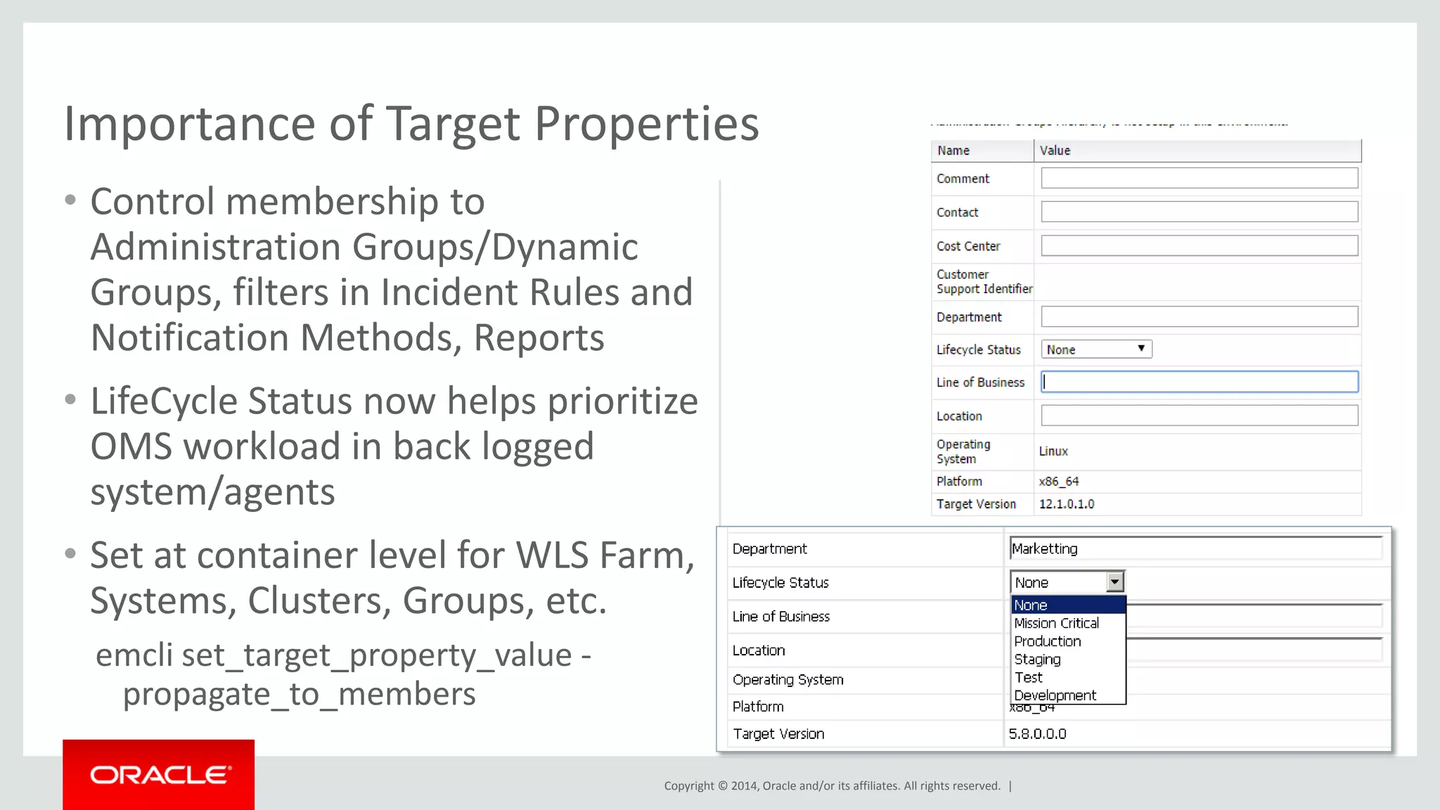 Copyright © 2014, Oracle and/or its affiliates. All rights reserved. | 
•Control membership to Administration Groups/Dynamic Groups, filters in Incident Rules and Notification Methods, Reports 
•LifeCycle Status now helps prioritize OMS workload in back logged system/agents 
•Set at container level for WLS Farm, Systems, Clusters, Groups, etc. 
emcli set_target_property_value - propagate_to_members 
Importance of Target Properties  