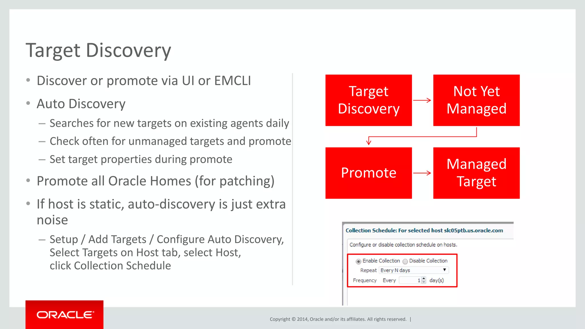 Copyright © 2014, Oracle and/or its affiliates. All rights reserved. | 
•Discover or promote via UI or EMCLI 
•Auto Discovery 
–Searches for new targets on existing agents daily 
–Check often for unmanaged targets and promote 
–Set target properties during promote 
•Promote all Oracle Homes (for patching) 
•If host is static, auto-discovery is just extra noise 
–Setup / Add Targets / Configure Auto Discovery, Select Targets on Host tab, select Host, click Collection Schedule 
Target Discovery 
Target Discovery 
Not Yet Managed 
Promote 
Managed Target  