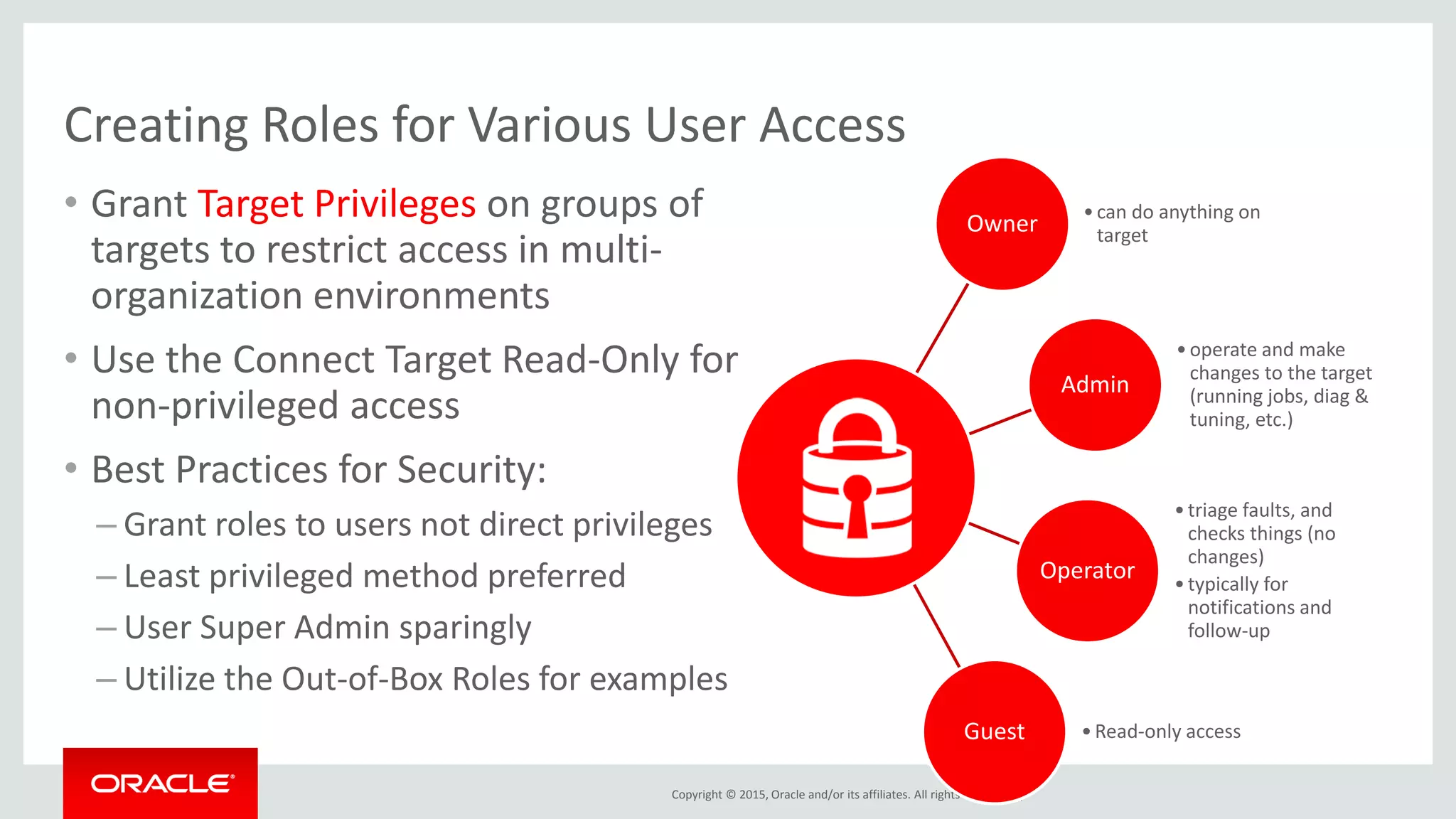 Copyright © 2015, Oracle and/or its affiliates. All rights reserved. |
Creating Roles for Various User Access
• Grant Target Privileges on groups of
targets to restrict access in multi-
organization environments
• Use the Connect Target Read-Only for
non-privileged access
• Best Practices for Security:
– Grant roles to users not direct privileges
– Least privileged method preferred
– User Super Admin sparingly
– Utilize the Out-of-Box Roles for examples
Owner
•can do anything on
target
Admin
•operate and make
changes to the target
(running jobs, diag &
tuning, etc.)
Operator
•triage faults, and
checks things (no
changes)
•typically for
notifications and
follow-up
Guest •Read-only access
 