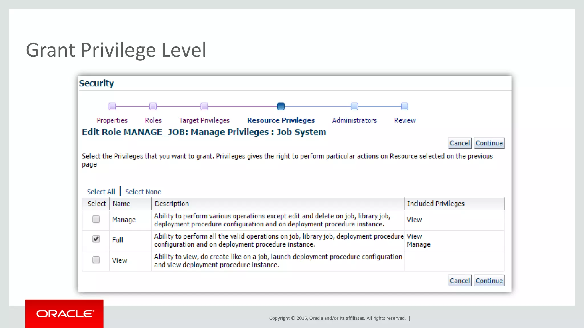 Copyright © 2015, Oracle and/or its affiliates. All rights reserved. |
Grant Privilege Level
 