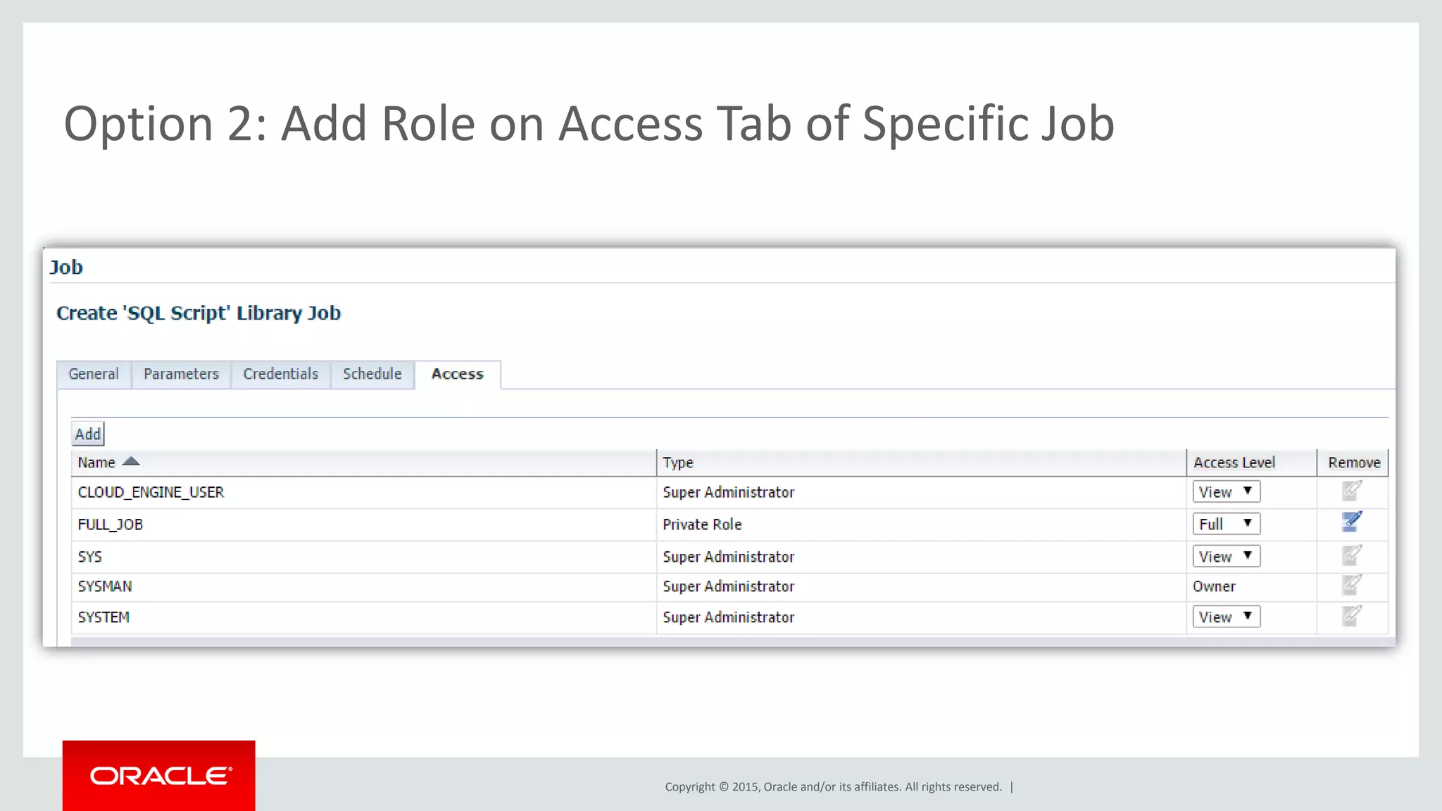 Copyright © 2015, Oracle and/or its affiliates. All rights reserved. |
Option 2: Add Role on Access Tab of Specific Job
 