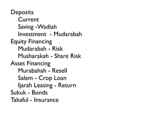 Deposits
	

 Current
   	

 Saving -Wadiah
	

 Investment - Mudarabah
Equity Financing
	

 Mudarabah - Risk
	

 Musharakah - Share Risk
Asset Financing
	

 Murabahah - Resell
	

 Salem - Crop Loan
	

 Ijarah Leasing - Return
Sukuk - Bonds
Takaful - Insurance
 