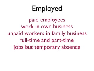 Employed
          paid employees
      work in own business
unpaid workers in family business
     full-time and part-time
  jobs but temporary absence
 