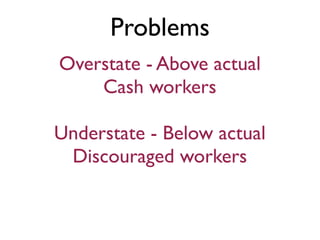 Problems
Overstate - Above actual
    Cash workers

Understate - Below actual
 Discouraged workers
 