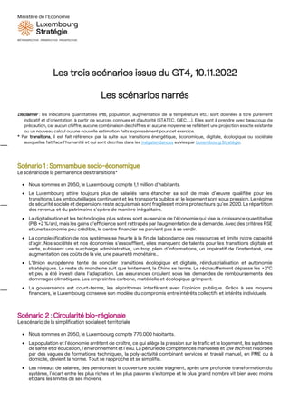 Ministère de l’Economie
Les trois scénarios issus du GT4, 10.11.2022
Les scénarios narrés
Disclaimer : les indications qua...