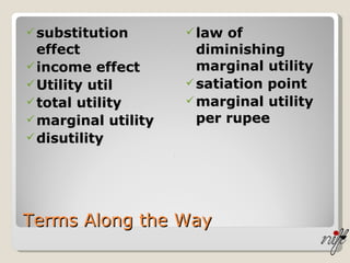 Terms Along the Way substitution effect income effect Utility util total utility marginal utility disutility law of diminishing marginal utility satiation point marginal utility per rupee substitution effect income effect utility util total utility marginal utility disutility 