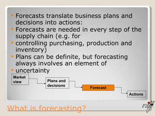 What is forecasting? Forecasts translate business plans and decisions into actions: Forecasts are needed in every step of the supply chain (e.g. for controlling purchasing, production and inventory) Plans can be definite, but forecasting always involves an element of uncertainty Market view Plans and decisions Forecast Actions 
