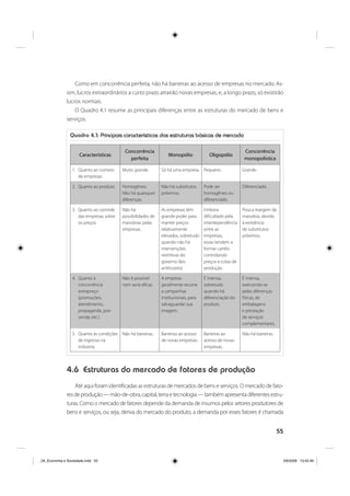 55
Como em concorrência perfeita, não há barreiras ao acesso de empresas no mercado. As-
sim, lucros extraordinários a curto prazo atrairão novas empresas, e, a longo prazo, só existirão
lucros normais.
O Quadro 4.1 resume as principais diferenças entre as estruturas do mercado de bens e
serviços.
Quadro 4.1: Principais características das estruturas básicas de mercado
Características
Concorrência
perfeita
Monopólio Oligopólio
Concorrência
monopolística
1. Quanto ao número
de empresas
Muito grande. Só há uma empresa. Pequeno. Grande.
2. Quanto ao produto Homogêneo.
Não há quaisquer
diferenças.
Não há substitutos
próximos.
Pode ser
homogêneo ou
diferenciado.
Diferenciado.
3. Quanto ao controle
das empresas sobre
os preços
Não há
possibilidades de
manobras pelas
empresas.
As empresas têm
grande poder para
manter preços
relativamente
elevados, sobretudo
quando não há
intervenções
restritivas do
governo (leis
antitrustes).
Embora
dificultado pela
interdependência
entre as
empresas,
essas tendem a
formar cartéis
controlando
preços e cotas de
produção.
Pouca margem de
manobra, devido
à existência
de substitutos
próximos.
4. Quanto à
concorrência
extrapreço
(promoções,
atendimento,
propaganda, pós-
venda, etc.)
Não é possível
nem seria eficaz.
A empresa
geralmente recorre
a campanhas
institucionais, para
salvaguardar sua
imagem.
É intensa,
sobretudo
quando há
diferenciação do
produto.
É intensa,
exercendo-se
pelas diferenças
físicas, de
embalagens
e prestação
de serviços
complementares.
5. Quanto às condições
de ingresso na
indústria
Não há barreiras. Barreiras ao acesso
de novas empresas.
Barreiras ao
acesso de novas
empresas.
Não há barreiras.
4.6 Estruturas do mercado de fatores de produção
Até aqui foram identificadas as estruturas de mercados de bens e serviços. O mercado de fato-
resdeprodução—mão-de-obra,capital,terraetecnologia—tambémapresentadiferentesestru-
turas. Como o mercado de fatores depende da demanda de insumos pelos setores produtores de
bens e serviços, ou seja, deriva do mercado do produto, a demanda por esses fatores é chamada
_04_Economia e Sociedade.indd 55_04_Economia e Sociedade.indd 55 3/6/2009 13:42:463/6/2009 13:42:46
 