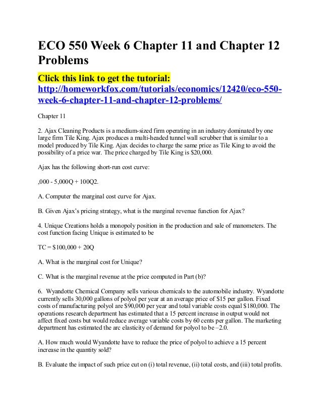Eco 550 Week 6 Chapter 11 And Chapter 12 Problems
