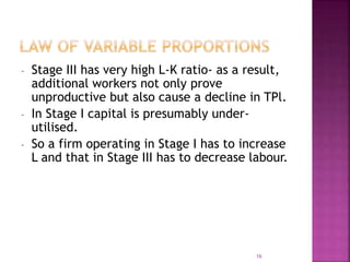 - Stage III has very high L-K ratio- as a result,
additional workers not only prove
unproductive but also cause a decline in TPl.
- In Stage I capital is presumably under-
utilised.
- So a firm operating in Stage I has to increase
L and that in Stage III has to decrease labour.
16
 