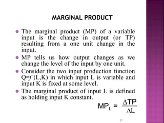 21
 The marginal product (MP) of a variable
input is the change in output (or TP)
resulting from a one unit change in the
input.
 MP tells us how output changes as we
change the level of the input by one unit.
 Consider the two input production function
Q=f (L,K) in which input L is variable and
input K is fixed at some level.
 The marginal product of input L is defined
as holding input K constant.
MPL =
TP
L
 