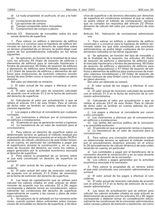 13694                                            Miércoles 9 abril 2003                                     BOE núm. 85

   d) La nuda propiedad, el usufructo, el uso y la habi-      chos de superficie o de terrenos afectados por derechos
tación.                                                       de superficie en condiciones similares al que se valora,
   e) Limitaciones de dominio.                                se podrá utilizar el método de comparación, siempre
   f) Las opciones de compra.                                 que se cumplan los requisitos del artículo 22 (Proce-
   g) Tiempo compartido sobre inmuebles.                      dimiento de cálculo del valor por comparación) de esta
   h) Compromisos de compra a plazos.                         Orden.
Artículo 53. Valoración de inmuebles sobre los que            Artículo 54. Valoración de concesiones administrati-
   existe derecho de superficie.                                 vas.
    1. Para valorar un edificio o elemento de edificio            1. Para valorar un edificio o elemento de edificio
construido o a construir para la hipótesis de edificio ter-   construido o a construir para la hipótesis de edificio ter-
minado en ejercicio de un derecho de superficie sobre         minado sobre los que está constituida una concesión
un terreno propiedad de un tercero, se podrá elegir cual-     administrativa, se podrá elegir cualquiera de los proce-
quiera de los procedimientos indicados en las letras          dimientos indicados en las letras siguientes:
siguientes:                                                       a) Se aplicarán, en función del tipo de inmueble y
    a) Se aplicarán, en función de la finalidad de la tasa-   de la finalidad de la tasación, los artículos 45 (Valor
ción, los artículos 45 (Valor de tasación de edificios y      de tasación de edificios y elementos de edificios para
elementos de edificios para el mercado hipotecario y          el mercado hipotecario y fondos de pensiones), 46 (Valor
fondos de pensiones), 46 (Valor de tasación de edificios      de tasación de edificios y elementos de edificios para
y elementos de edificios para Entidades aseguradoras)         Entidades aseguradoras) y 47 (Valor de tasación de edi-
y 47 (Valor de tasación de edificios y elementos de edi-      ficios y elementos de edificios para instituciones de inver-
ficios para instituciones de inversión colectiva inmobi-      sión colectiva inmobiliarias) y 49 (Valor de tasación de
liarias) de esta Orden como si fueran inmuebles en pleno      fincas rústicas) de esta Orden como si fueran inmuebles
dominio.                                                      en pleno dominio.
    Del valor así obtenido se restarán:                           Del valor así obtenido se restará:
    i) El valor actual de los pagos a efectuar al con-            i) El valor actual de los pagos a efectuar al con-
cedente.                                                      cedente.
    ii) El valor actual del valor de reversión calculado          ii) El valor actual de reversión calculado de acuerdo
de acuerdo con el artículo 31.3 en la fecha de extinción      con el artículo 31.3 en la fecha de extinción de la con-
del derecho de superficie.                                    cesión administrativa.
    b) Calculando el valor por actualización a que se             b) Calculando el valor por actualización a que se
refiere el artículo 24.2 de esta Orden. Para el cálculo       refiere el artículo 24.2 de esta Orden. Para el cálculo
de dicho valor se tendrán en cuenta además las pre-           de dicho valor se tendrán en cuenta además las pre-
cisiones siguientes:                                          cisiones siguientes:
    i) Los pagos a efectuar al concedente por cualquier           i) Los pagos a efectuar al concedente por canon
concepto.                                                     u otro concepto.
    ii) Las inversiones a efectuar por el concesionario           ii) Las inversiones a efectuar por el concesionario
en edificios o instalaciones.                                 en edificios o instalaciones.
    iii) El período en que se generarán rentas o ingresos.        iii) Las tarifas del servicio público de la concesión
    iv) La inexistencia de un valor de reversión para el      y su previsible evolución.
concesionario.                                                    iv) El período en que se generarán rentas o ingresos.
                                                                  v) La inexistencia de un valor de reversión para el
    2. Para valorar un derecho de superficie sobre un         concesionario.
determinado terreno se aplicará el método residual por
el procedimiento dinámico previsto en el artículo 36 (Pro-        2. Para valorar una concesión administrativa sobre
cedimiento de cálculo «dinámico») de esta Orden tenien-       un determinado terreno se aplicará el método residual
do en cuenta, en particular las cantidades a pagar por        por el procedimiento dinámico previsto en el artícu-
el superficiario durante la construcción y, en su caso,       lo 36 (procedimiento de cálculo dinámico) de esta orden
resto de duración del derecho, así como los cobros y          teniendo en cuenta, en particular:
pagos generados por la actividad económica asociada               a) Las cantidades a pagar por el beneficiario de la
al derecho de superficie.                                     concesión durante la construcción y en su caso durante
    3. Para valorar la propiedad de un terreno sobre          el resto de la duración de la concesión.
el que está constituido un derecho de superficie se               b) Los cobros y pagos generados por la actividad
sumará:                                                       económica asociada a la concesión.
   a) El valor actual de los pagos a efectuar al con-
cedente.                                                         3. Para valorar la propiedad de un terreno sobre
   b) El valor actual del valor de reversión calculado        el que está constituido una concesión administrativa se
de acuerdo con el artículo 31.3 (Valor de reversión),         sumará:
en la fecha de extinción del derecho de superficie.              a) El valor actual de los pagos a efectuar al con-
                                                              cedente.
    4. Las tasas de capitalización que se utilizan para          b) El valor actual de reversión calculado de acuerdo
calcular los valores citados en este artículo se deter-       con el artículo 31.3 en la fecha de extinción de la con-
minarán de acuerdo con los artículos 32 y 38, según           cesión administrativa.
corresponda y deberán tomar en consideración, adicio-
nalmente, las condiciones del derecho de superficie,             4. Las tasas de actualización que se utilicen para
especialmente en cuanto a las causas y plazo de extin-        calcular los valores actuales citados en este artículo se
ción o resolución.                                            determinarán de acuerdo con los artículos 32 y 38, según
    5. Sin perjuicio de lo señalado en los números ante-      corresponda y deberán tomar en consideración adicio-
riores, cuando existan datos suficientes sobre transac-       nalmente las condiciones de la concesión administrativa
ciones de inmuebles en derecho de superficie, o de dere-      sobre causas y plazos de extinción o resolución, así como
 