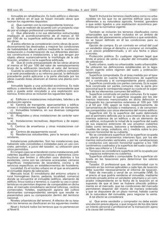 BOE núm. 85                                        Miércoles 9 abril 2003                                            13681

    Inmueble en rehabilitación. Es todo edificio o elemen-         Nivel II. Incluirá los terrenos clasificados como no urba-
to de edificio en el que se hayan iniciado obras que            nizables en los que no se permita edificar para usos
reúnan los siguientes requisitos:                               diferentes a su naturaleza agrícola, forestal, ganadera
    a) Que cuenten con la correspondiente licencia.             o que estén ligados a una explotación económica per-
    b) Que se realicen de acuerdo con un proyecto visa-         mitida por la normativa vigente.
do por el colegio profesional correspondiente.
    c) Que alterando o no sus elementos estructurales               También se incluirán los terrenos clasificados como
impliquen el acondicionamiento de al menos el 50                urbanizables que no estén incluidos en un ámbito de
por 100 de su superficie edificada antes del inicio de          desarrollo del planeamiento urbanístico o que estándolo,
las obras.                                                      no se hayan definido en él las condiciones para su
    A estos efectos se considerarán como obras de acon-         desarrollo.
dicionamiento las destinadas a mejorar las condiciones              Opción de compra. Es un contrato en virtud del cual
de habitabilidad de un edificio mediante la sustitución,        un vendedor otorga el derecho a comprar un inmueble,
restauración o modernización de sus diferentes elemen-          a un precio predeterminado, y en una fecha o plazo
tos constructivos e instalaciones, y las que tengan por         concreto.
objeto alterar sustancialmente la morfología de la edi-             Protección pública. Es cualquier régimen legal que
ficación, amplíen o no la superficie edificada.                 limite el precio de venta o alquiler del inmueble objeto
    d) Que el coste presupuestado de las obras alcance          de valoración.
al menos el 50 por 100 del valor de reemplazamiento                 Suelo urbano, suelo no urbanizable, suelo urbanizable.
bruto de la edificación (excluido el valor del terreno).        Se utilizarán las definiciones establecidas en la legis-
    Cuando la valoración se refiera a un edificio completo      lación vigente sobre régimen del suelo y ordenación
y se esté procediendo a su reforma parcial, la definición       urbanística.
precedente podrá aplicarse a la parte afectada por las              Superficie comprobada. Es el área medida por el tasa-
obras cuando éstas alcancen al menos una planta com-            dor teniendo en cuenta las definiciones de superficie
pleta.                                                          útil o construida y el correspondiente plano acotado.
                                                                    Superficie construida con partes comunes. Es la super-
    Inmueble ligado a una actividad económica. Es todo          ficie construida sin partes comunes más la parte pro-
edificio, o elemento de edificio, de uso monovalente que        porcional que le corresponda según su cuota en la super-
está o puede estar vinculado a una explotación eco-             ficie de los elementos comunes del edificio.
nómica. Entre otros se incluirán los siguientes tipos:              Superficie construida sin partes comunes. Es la super-
                                                                ficie útil, sin excluir la superficie ocupada por los ele-
    a) Edificios e instalaciones industriales, fabriles y de    mentos interiores mencionados en dicha definición e
producción agraria.                                             incluyendo los cerramientos exteriores al 100 por 100
    b) Centros de transporte, aparcamientos y edifica-          o al 50 por 100, según se trate, respectivamente, de
ciones o instalaciones ligadas al servicio de transporte.       cerramientos de fachada o medianeros, o de cerramien-
    c) Inmuebles hoteleros, en sus diversas categorías          tos compartidos con otros elementos del mismo edificio.
y tipologías.                                                       Superficie útil. Es la superficie del suelo delimitado
    d) Hospitales y otras instalaciones de carácter sani-       por el perímetro definido por la cara interior de los cerra-
tario.                                                          mientos externos de un edificio o de un elemento de
    e) Instalaciones recreativas, deportivas y de espec-        un edificio, incluyendo la mitad de la superficie del suelo
táculos.                                                        de sus espacios exteriores de uso privativo cubiertos
    f) Centros de enseñanza y otras instalaciones cul-          (tales como terrazas, balcones y tendederos, porches,
turales.                                                        muelles de carga, voladizos, etc.), medida sobre la pro-
    g) Centros de equipamiento social.                          yección horizontal de su cubierta.
    h) Residencias estudiantiles, para la tercera edad o            No se considerará superficie útil la superficie ocupada
similares.                                                      en planta por cerramientos interiores fijos, por los ele-
    Instalaciones polivalentes. Son las instalaciones que,      mentos estructurales verticales, y por las canalizaciones
habiendo sido concebidas o instaladas para un uso con-          o conductos con sección horizontal superior a los 100
creto, permitan, a juicio del tasador, su utilización para      centímetros cuadrados y la superficie del suelo cuya altu-
otros permitidos.                                               ra libre sea inferior a 1,5 metros.
    En ningún caso se entenderán como instalaciones poli-           Tampoco se considerará superficie útil la ocupada por
valentes aquéllas con características y elementos cons-         los espacios exteriores no cubiertos.
tructivos que limiten o dificulten usos distintos a los             Superficie utilizable o computable. Es la superficie uti-
existentes, como son las cámaras acorazadas; cámaras            lizada en las tasaciones para determinar los valores
frigoríficas; instalaciones de lavandería, cocina y de          técnicos.
servicios específicos en establecimientos de hostelería.            Tasador. El profesional que, de conformidad con lo
    Localidad. Es el núcleo urbano en el que se encuentra       previsto en las normas aplicables a cada tipo de tasación
el inmueble objeto de valoración.                               debe suscribir necesariamente el informe de tasación.
    Mercado local. El inmobiliario del entorno urbano o             Valor de mercado o venal de un inmueble (VM). Es
rural homogéneo (barrio, pedanía, localidad, comarca)           el precio al que podría venderse el inmueble, mediante
donde se encuentre el inmueble (edificio, elemento de           contrato privado entre un vendedor voluntario y un com-
edificio, finca rústica o terreno), o, cuando su uso o carac-   prador independiente en la fecha de la tasación en el
terísticas no permitan disponer de comparables en dicha         supuesto de que el bien se hubiere ofrecido pública-
área, el mercado inmobiliario sectorial (oficinas, centros      mente en el mercado, que las condiciones del mercado
comerciales, hoteles, explotación agraria del cultivo           permitieren disponer del mismo de manera ordenada
dominantes correspondiente) siempre que resulte re-             y que se dispusiere de un plazo normal, habida cuenta
presentativo para su comparación dentro del territorio          de la naturaleza del inmueble, para negociar la venta.
nacional.                                                           A tal efecto se considerará:
    Niveles urbanísticos del terreno. A efectos de su tasa-        a) Que entre vendedor y comprador no debe existir
ción los terrenos se clasificaran en los siguientes niveles:    vinculación previa alguna, y que ninguno de los dos tiene
    Nivel I. Incluirá todos los terrenos que no pertenezcan     un interés personal o profesional en la transacción ajeno
al Nivel II.                                                    a la causa del contrato.
 