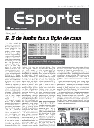 Eco Serrano, 02 de março de 2012 | SEXTA-FEIRA              11




    BOQUEIRÃO DO LEÃO


G. 5 de Junho faz a lição de casa
    A sexta rodada do                             PRINCIPAL       P       J   V    D    E   GF   GC       S      D     ASPIRANTES       P    J   V   D   E   GF   GC   S    D
                                  CLASSIFICAÇÃO




Campeonato Municipal de                           G. 5 DE JUNHO   7       4    2   1    1    5    4       1     210    G. 5 DE JUNHO    10   4   3   0   1   8    4    4    380
Boqueirão do Leão iniciou no
                                                  JUVENTUDE       6       4    2   2    0    7    4       3     270    JUVENTUDE        7    4   2   1   1   10   4    6    70
último sábado(28) com
                                                  INTERNACIONAL   6       4    1   0    3    6    5       1     300
chuva. O G.5 de Junho                                                                                                  INTERNACIONAL    6    4   2   2   0   10   10   0    150
                                                  SÃO ROQUE       4       3    1   1    1    6    7       -1    90
recebeu a visita do São José                                                                                           SÃO JOSÉ         6    4   2   2   0   6    7    -1   190
                                                  SÃO BRÁS        3       3    0   0    3    5    5       0     70
do Matão e na categoria
                                                  SÃO JOSÉ        2       4    0   2    2    3    6       -3    260    SÃO BRÁS         3    3   1   2   0   5    6    -1   70
aspirantes logo aos 10 min.
Mica abre o placar quando                                                                                              SÃO ROQUE        0    3   0   3   0   1    9    -8   30
recebe passe de Fabricio e                        PRÓXIMA RODADA
tira do goleiro. Quarto gol de
Micael em 4 jogos. Aos 20                         03/03 - Linha Moisés: São Brás X Grêmio 5 de Junho
min, em tentativa de                              04/03 - Pedras Brancas: Internacional X São Roque
cruzamento Diego acerta o
gol. G. 5 de Junho 2 x 0.
Valber(10) ainda perde           Carlos e Tirica reage em             obrigando Breite a fazer                 colorada. Com o resultado o Inter(6 pontos)fica na obrigação
penalidade máxima para           falhas da zaga do 5 de Junho         importante defesa. Em seguida            de acumular vitórias nas duas próximas oportunidades contra
Eliandro(9) descontar aos 33     com Fabio(9) e Misael(11).           brilha novamente a estrela do            o São Roque na conclusão da fase classificatória.
min. O árbitro Gilnei            Com grande movimentação              goleiro Robison(22)do São                   Na categoria principal, as 17 horas, as duas equipes entram
Oliveira auxiliado por Silvio    de Fábio(9) o São José chega         José fazendo defesas em                  em campo com evidentes problemas em suas escalações
Barbosa e Ari Reuter             ao gol adversário e Misael           conclusões de Felipe,                    principalmente na parte defensiva. O Juventude sem sua
distribuiu amarelos para Iago    não alcança cruzamento aos           Anderson e Marcos Dapont.                zagueirada da casa(João Rogério, Assis e Fabio) se viu na
e Jean do 5 de Junho e Daniel,   22 min. O 5 de junho                 Aos 33 min. Tinho(8) é                   obrigação de escalar o jovem talento Mateus(17) na cabeça da
Vergílio, Maicon e Fernando      responde em chute de                 expulso depois de jogada                 área.
do São José. Com o resultado     Marcos(16) por cima. Aos 29          violenta em Adriano. Aos 37                 O Inter não contando com Binho, Jonas e Quitano, optou
o 5 de Junho invicto na          e 30 min. o São José equilibra       min. em ótimo cruzamento de              por dar mais uma oportunidade escalando o atacante Eder. Em
competição, somando 10           as ações em chute de Carlos          Luan(17) Felipe(10) coloca o             termos práticos o Juventude deixa de abrir o placar quando
pontos, terá problemas de        Henrique(10)para fora e com          5 de junho em vantagem                   Paraíba(9) cobra penalidade máxima por cima do arco
escalação para a próximo         Tinho(8) chutando de longe           abrindo o placar de cabeça.              defendido por Mateus. Em seguida, aos 19 min. o Inter reage
sábado em Linha Moisés           com Breite colocando para            Antônio Marcos por duas                  quando Luís Ricardo faz tabela com José Henrique(11) que
principalmente pela lesão        escanteio. Aos 32 min. com           vezes deixa de ampliar o                 conclui na saída do goleiro. Inter 1 x 0.
sofrida por Cristianinho(2)      problemas no joelho sai              placar com o goleiro do Matão               Na segunda etapa, aos 18 min. a equipe da casa reage quando
no início da partida, ele que    Elias(2)        e       entra        brilhando novamente, antes do            Paraíba(9) se redime e aproveita falha da zaga colorada,
fazia o mais regular             Adriano(06).Aos 34 min em            arbitro encerrar a partida com           domina, gira e conclui para as redes. Tudo igual 1 x 1. Em
campeonato que se tem            boa jogada de Rogério pela           4 minutos de acréscimo. G. 5             seguida sem conseguir reagir tecnicamente em campo o Inter
noticia.                         direita Paulinho(11) chuta           de Junho 1 x 0 São José.                 perde Eder e Mileno expulsos pelo segundo cartão amarelo.
    Na categoria principal,      para fora. Aos 36 min em                                                      Com dois atletas a menos e num lance inusitado com bola
mesmo com o campo                duas cabeçadas de Felipe(10)         Inter vence fora de casa                 tocando o braço de John é marcado penalidade convertido por
molhado, quem compareceu         e Vicente(3) o 5 de Junho               Depois da chuva de sábado,            Odirlei(9), eram percorridos 34 min.
foi testemunha de inúmeras e     deixa de abrir o placar. No          o primeiro domingo sem horário
interessantes oportunidades      final da primeira etapa              de verão foi muito especial para
de gol de ambas as equipes.      Misael(11) desperdiça ótima          a prática do futebol. Com o sol
Com        as     escalações     oportunidade em chute                a pino o E.C. Juventude de
mostrando novidades nas          cruzado depois de escanteio.         Linha Araçá recebeu a visita do
laterais com Amendoin e             Na etapa complementar             E.C. Internacional de Pedras
Chico Guaraná quem toma          quem brilha e o goleiro do           Brancas.       Na     categoria
iniciativa é o G. 5 de junho     Matão fazendo importante             aspirantes, as 15:00 horas a
com forte pressão e em 3         interferências e é lá no seu         equipe da casa recheada de
oportunidades rondou a área      ataque que aos 13 min.               veteranos conquistou seu sétimo
do São José até que aos 4        Misael perde gol em bola mal         ponto na competição ao vencer
min. Quinkas acerta o            afastada pela zaga do 5 de           ao Inter com gols de
travessão. O visitante           Junho. Aos 16 min. Chico             Jocirlei(2),Ismael(1),Jurandir(2)
desfalcado de Juliano, Luis      Guaraná(2) chuta cruzado             e Nei descontando para a equipe
 