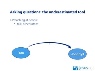 Asking questions: the underestimated tool
1. Preaching at people
    * I talk, other listens




                              1



        You                       JohnnyX
 