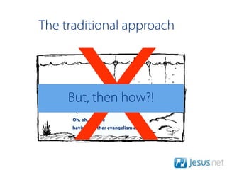 The traditional approach




      X
     But, then how?!
      Oh, oh, they’re
     having another evangelism event
 