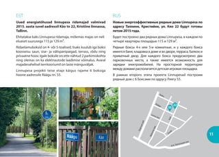 22
11
EST
Uued energiatõhusad linnupesa ridamajad valmivad
2015. aasta suvel aadressil Käo tn 22, Kristiine linnaosa,
Tallinn.
Ehitatakse kaks Linnupesa ridamaja, mõlemas majas on neli
eluaset suurusega 115 ja 129 m².
Ridaelamuboksid on 4- või 5-toalised, lisaks kuulub iga boksi
koosseisu saun, sise- ja välispanipaigad, terrass, rõdu ning
privaatne hoov. Igale boksile on ette nähtud 2 parkimiskohta
ning olemas on ka elektriautode laadimise võimalus. Avaral
majadevahelisel territooriumil on laste mänguväljak.
Linnupesa projekti teise etapi käigus rajame 6 boksiga
hoone aadressile Räägu tn. 55.
RUS
Новые энергоэффективные рядные дома Linnupesa по
адресу Таллинн, Кристийне, ул. Кяо 22 будут готовы
летом 2015 года.
Будет построено два рядных дома Linnupesa, в каждом по
четыре квартиры площадью 115 и 129 м².
Рядные боксы 4-х или 5-и комнатные, и у каждого бокса
имеется баня, кладовка в доме и во дворе, терраса, балкон и
приватный двор. Для каждого бокса предусмотрено два
парковочных места, а также имеется возможность для
зарядки электромобилей. На просторной территории
между домами располагается детская игровая площадка.
В рамках второго этапа проекта Linnupesad построим
рядный дом с 6 боксами по адрусу Ряягу 55.
Sõprusepst
Käo
Nõmmetee
Tondi
Linnu tee
A.H. Tammsaare tee
Räägu
Tedre
55
 