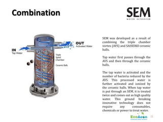 Combination

              SEM was developed as a result of
              combining the triple chamber
              vortex (AVS) and SAISEIKO ceramic
              balls.

              Tap water first passes through the
              AVS and then through the ceramic
              balls.

              The tap water is activated and the
              number of bacteria reduced by the
              AVS. This processed water is
              further activated and ionized by
              the ceramic balls. When tap water
              is put through an SEM, it is treated
              twice and comes out as high quality
              water. This ground breaking
              innovative technology does not
              require      any      consumables,
              chemicals or power to treat water.
                                                 11
 