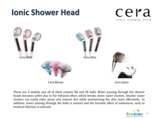 Ionic Shower Head



    Cera Mild                                       Cera Elite




                          Cera Bloom                                       Cera Salon


There are 4 models and all of them contain BA and SE balls. Water passing through the shower
heads becomes softer due to Far Infrared effect, which breaks down water clusters. Smaller water
clusters can easily enter pores and remove dirt while moisturizing the skin more effectively. In
addition, water passing through the balls is ionized and the harmful effect of substances, such as
residual chlorine, is reduced.

                                                                                                     15
 