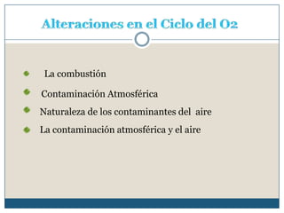 Alteraciones en el Ciclo del O2La combustiónContaminación AtmosféricaNaturaleza de los contaminantes del  aireLa contaminación atmosférica y el aire