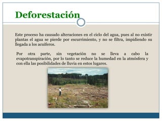 DeforestaciónEste proceso ha causado alteraciones en el ciclo del agua, pues al no existir plantas el agua se pierde por escurrimiento, y no se filtra, impidiendo su llegada a los acuíferos.Por otra parte, sin vegetación no se lleva a cabo la evapotranspiración, por lo tanto se reduce la humedad en la atmósfera y con ella las posibilidades de lluvia en estos lugares.