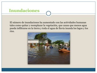 InundacionesEl número de inundaciones ha aumentado con las actividades humanas tales como quitar y reemplazar la vegetación, que causa que menos agua pueda infiltrarse en la tierra y toda el agua de lluvia inunda los lagos y los ríos. 