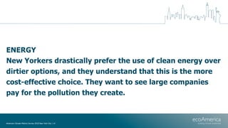 ENERGY
New Yorkers drastically prefer the use of clean energy over
dirtier options, and they understand that this is the m...