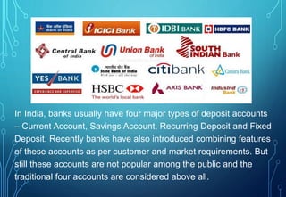 In India, banks usually have four major types of deposit accounts
– Current Account, Savings Account, Recurring Deposit an...