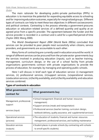 Public–Private Partnership and Education Ghaus,
Ghulam
7 | P a g e
The main rationale for developing public-private partnerships (PPPs) in
education is to maximize the potential for expanding equitable access to schooling
and for improvingeducation outcomes, especiallyfor marginalizedgroups. Different
types of contracts can help to meet these two objectives in different socioeconomic
and political contexts. Contracting is the process whereby a government procures
education or education-related services of a defined quantity and quality at an
agreed price from a specific provider. The agreement between the funder and the
service provider is recorded in a contract and is valid for a specified period of time
(Taylor 2003; Wang 2000).
The World Development Report 2004 (World Bank 2003a) concluded that
services can be provided to poor people most successfully when citizens, service
providers, and governments are accountable to each other.
Many forms of contractingare currentlyused in education aroundthe world. A
range of different services can be procuredfrom the private sector governments buy
the services involved in producing education (inputs), such as teacher training,
management, curriculum design, or the use of a school facility from private
organizations governments contract with private organizations to provide the
process of education, for example, by managing and operating public schools.
Here I will discuss in brief each type of education service: (i) management
services, (ii) professional services, (iii)support services, (iv)operational services,
(v)education services,(vi)facilityavailability, and (vii)facilityavailability and education
services combined.
Types of contracts in education
What governments
contract for
What governments buy
Management, professional,
support
services (input)
 School management (financial and human resources
management)
 Support services (meals and transportation)
 Professional services (teacher training, curriculum design,
textbook delivery, quality assurance, and supplemental services)
Operational services
(process)
 The education of students, financial and human resources
management, professional services, and building maintenance
Education services
(outputs)
 Student places in private schools (by contracting with schools
to enroll specific students)
 