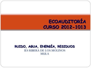 RUIDO, AGUA, ENERGÍA, RESIDUOSRUIDO, AGUA, ENERGÍA, RESIDUOSI
IES RIBERA DE LOS MOLINOS
MULA
ECOAUDITORÍAECOAUDITORÍA
CURSO 2012-1013CURSO 2012-1013
 