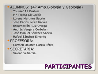 PARTICIPANTESPARTICIPANTES
ALUMNOS: (4º Amp.Biología y Geología)
◦ Youssef Ait Brahim
◦ Mª Teresa Gil García
◦ Lorena Martínez Saorín
◦ Jose Carlos Pérez Gálvez
◦ Encarnación Ruiz Ortega
◦ Andrés Vergara Corbalán
◦ José Manuel Sánchez Saorín
◦ Rafael Sánchez Silvente
PROFESORA:
◦ Carmen Dolores García Pérez
SECRETARIA:
◦ Valentina García
 