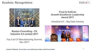 EcoAxis Confidential - Do not share or use without prior written consent from EcoAxisEcoAxis Confidential - Do not share or use without prior written consent from EcoAxis
EcoAxis: Recognitions
4
Frost & Sullivan
Growth Excellence Leadership
Award 2017
Industrial IoT - Big Data Industry
Boston Consulting - CII
Industrie 4.0 contest 2017
Top 5 at CII Manufacturing Summit,
Nov 2017
 