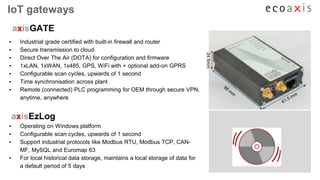 ▪ Industrial grade certified with built-in firewall and router
▪ Secure transmission to cloud
▪ Direct Over The Air (DOTA) for configuration and firmware
▪ 1xLAN, 1xWAN, 1x485, GPS, WiFi with + optional add-on GPRS
▪ Configurable scan cycles, upwards of 1 second
▪ Time synchronisation across plant
▪ Remote (connected) PLC programming for OEM through secure VPN,
anytime, anywhere
axisGATE
axisEzLog
▪ Operating on Windows platform
▪ Configurable scan cycles, upwards of 1 second
▪ Support industrial protocols like Modbus RTU, Modbus TCP, CAN-
MF, MySQL and Euromap 63
▪ For local historical data storage, maintains a local storage of data for
a default period of 5 days
IoT gateways
 