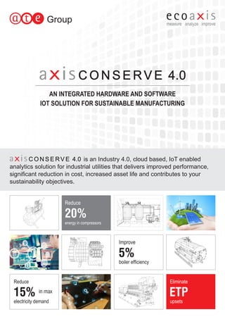 C O N S E RV E 4.0
AN INTEGRATED HARDWARE AND SOFTWARE 
IOT SOLUTION FOR SUSTAINABLE MANUFACTURING
is an Industry 4.0, cloud based, IoT enabled
analytics solution for industrial utilities that delivers improved performance,
signicant reduction in cost, increased asset life and contributes to your
sustainability objectives.
Reduce
energy in compressors
20%
Improve
boiler efﬁciency
5%
Reduce
electricity demand
15% in max
Eliminate
upsets
ETP
C O N S E RV E 4.0
 