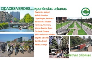 a
Reykjavik, Iceland
Malmö, Sweden
Copenhagen, Denmark
Stockholm, Sweden
Hamburg, Germany
Vitoria-Gasteiz, Spain
Portland, Oregon
San Francisco, Califórnia
Bogotá, Colômbi
Curitiba, Brasil
Nantes, França
CIDADESVERDES...experiências urbanas
 