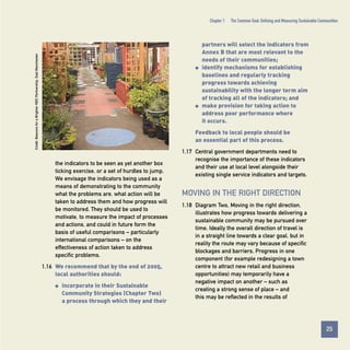 Credit: Beacons for a Brighter NDC Partnership, East Manchester

Chapter 1

q

q

The Common Goal: Defining and Measuring Sustainable Communities

partners will select the indicators from
Annex B that are most relevant to the
needs of their communities;
identify mechanisms for establishing
baselines and regularly tracking
progress towards achieving
sustainability with the longer term aim
of tracking all of the indicators; and
make provision for taking action to
address poor performance where
it occurs.

Feedback to local people should be
an essential part of this process.

the indicators to be seen as yet another box
ticking exercise, or a set of hurdles to jump.
We envisage the indicators being used as a
means of demonstrating to the community
what the problems are, what action will be
taken to address them and how progress will
be monitored. They should be used to
motivate, to measure the impact of processes
and actions, and could in future form the
basis of useful comparisons – particularly
international comparisons – on the
effectiveness of action taken to address
specific problems.
1.16 We recommend that by the end of 2005,
local authorities should:
q

incorporate in their Sustainable
Community Strategies (Chapter Two)
a process through which they and their

1.17 Central government departments need to
recognise the importance of these indicators
and their use at local level alongside their
existing single service indicators and targets.

MOVING IN THE RIGHT DIRECTION
1.18 Diagram Two, Moving in the right direction,
illustrates how progress towards delivering a
sustainable community may be pursued over
time. Ideally the overall direction of travel is
in a straight line towards a clear goal, but in
reality the route may vary because of specific
blockages and barriers. Progress in one
component (for example redesigning a town
centre to attract new retail and business
opportunities) may temporarily have a
negative impact on another – such as
creating a strong sense of place – and
this may be reflected in the results of

25
Contents

 