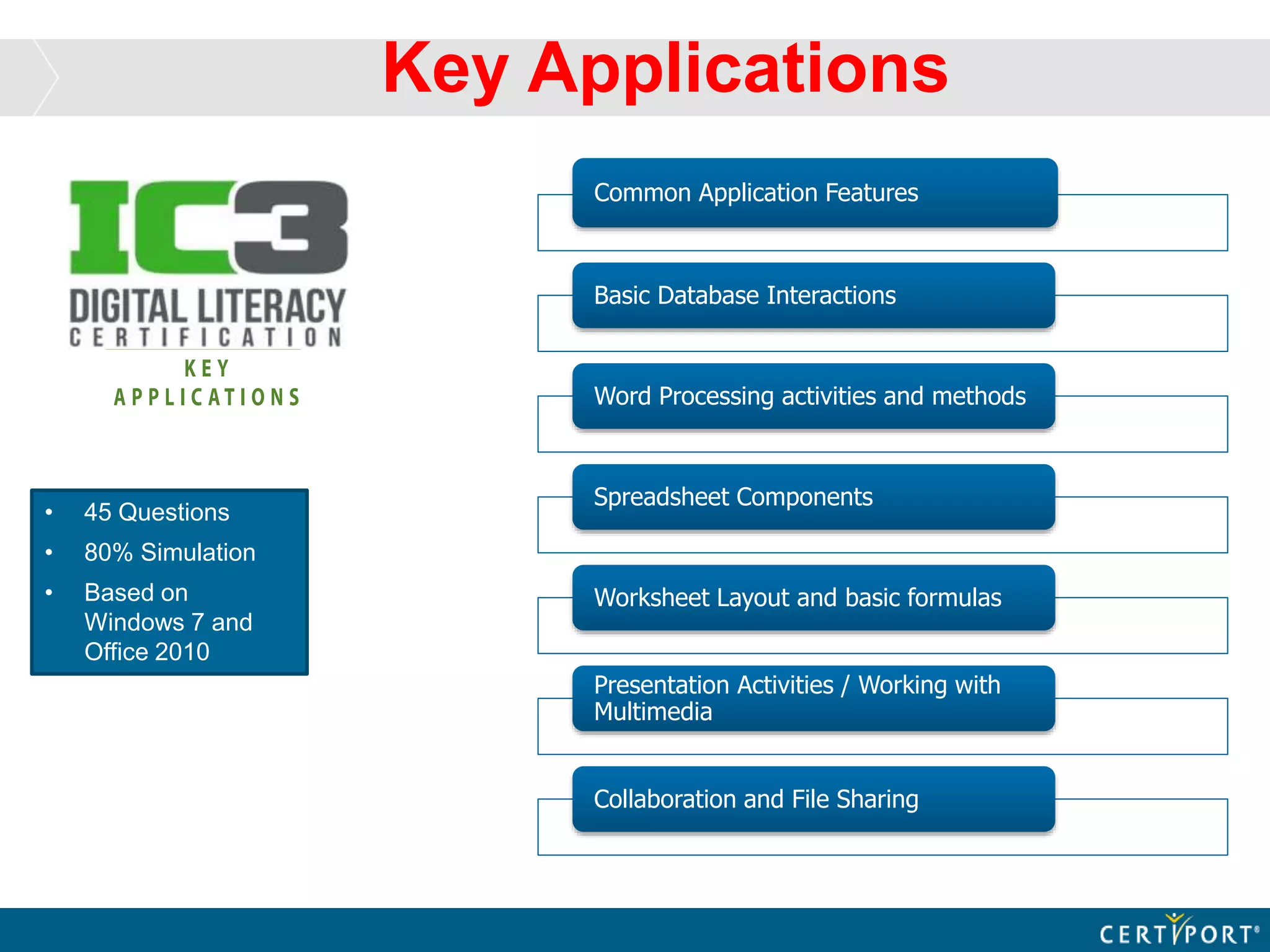 Key Applications
• 45 Questions
• 80% Simulation
• Based on
Windows 7 and
Office 2010
Common Application Features
Basic Database Interactions
Word Processing activities and methods
Spreadsheet Components
Worksheet Layout and basic formulas
Presentation Activities / Working with
Multimedia
Collaboration and File Sharing
 