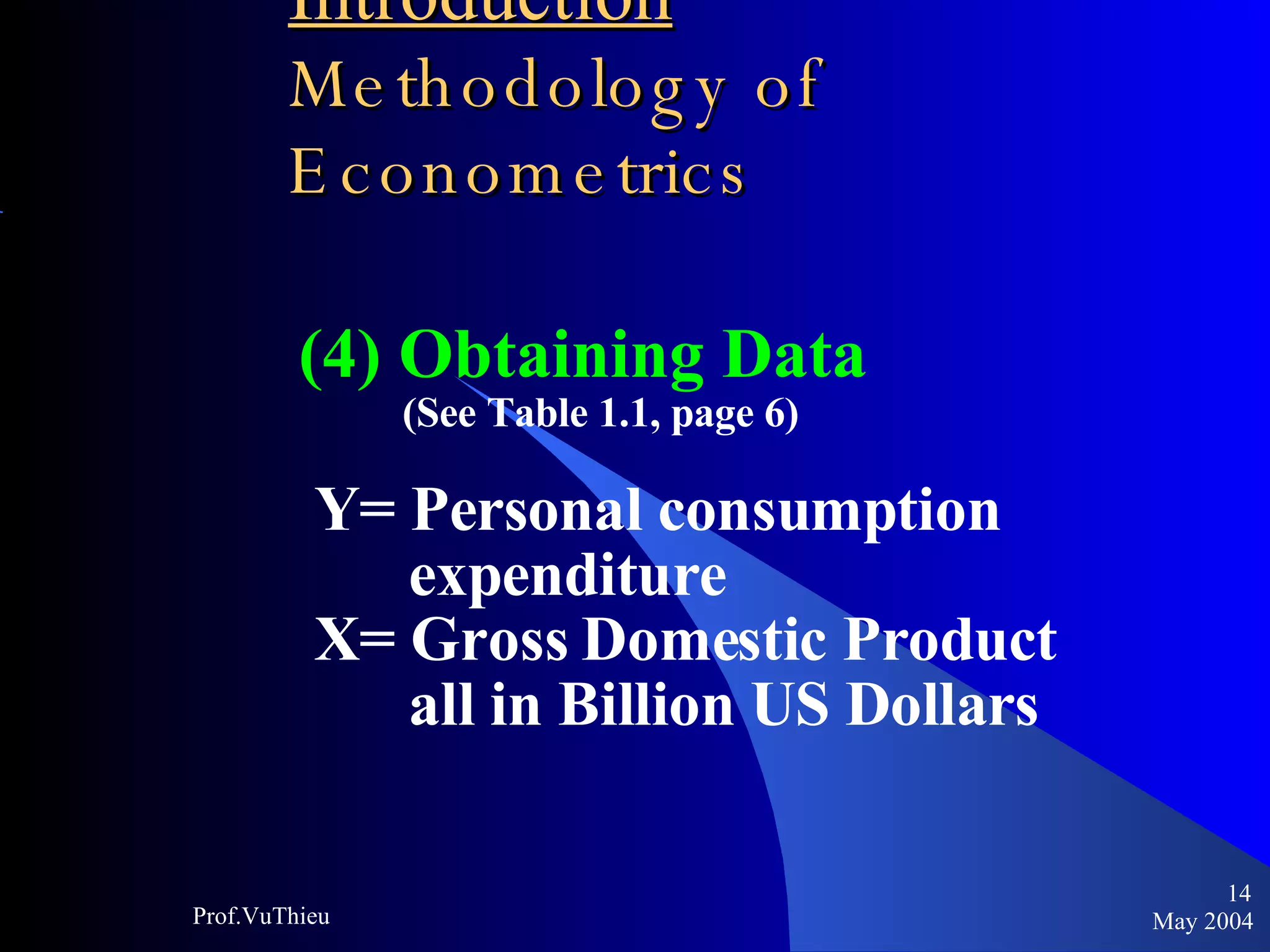 Introduction   Methodology of Econometrics (4) Obtaining Data (See Table 1.1, page 6) Y= Personal consumption  expenditure X= Gross Domestic Product all in Billion US Dollars May 2004 Prof.VuThieu 