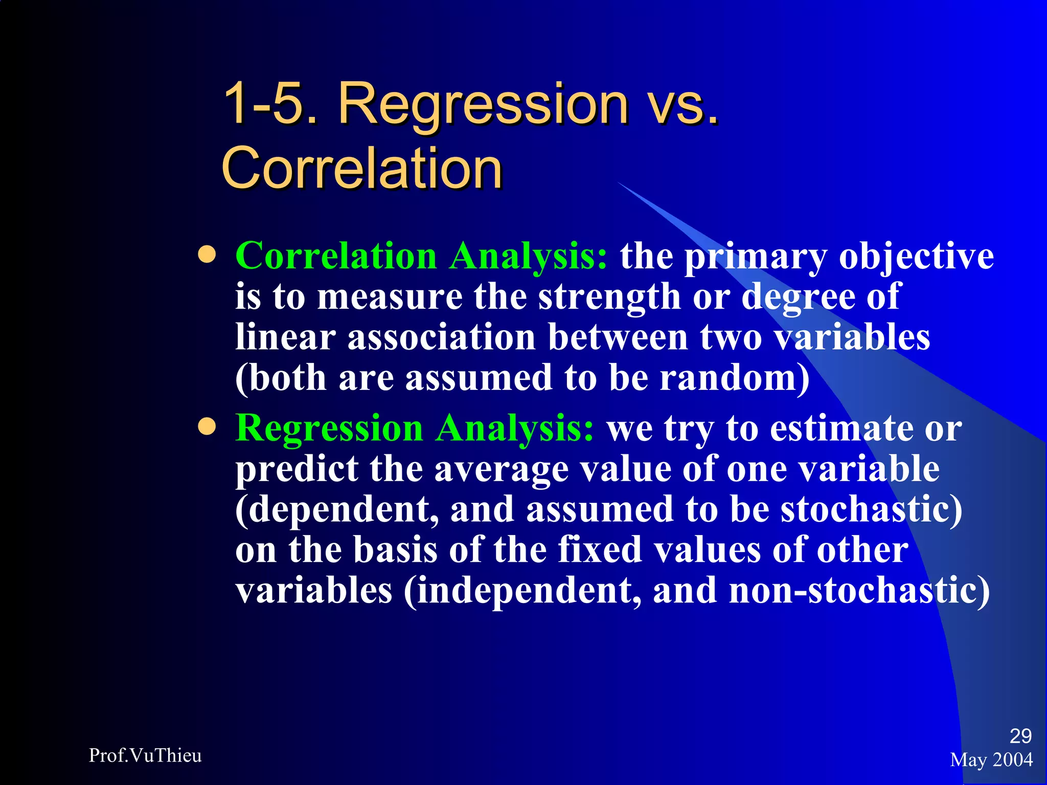 1-5. Regression vs. Correlation Correlation Analysis:  the primary objective is to measure the strength or degree of linear association between two variables (both are assumed to be random) Regression Analysis:  we try to estimate or predict the average value of one variable (dependent, and assumed to be stochastic) on the basis of the fixed values of other variables (independent, and non-stochastic)  May 2004 Prof.VuThieu 