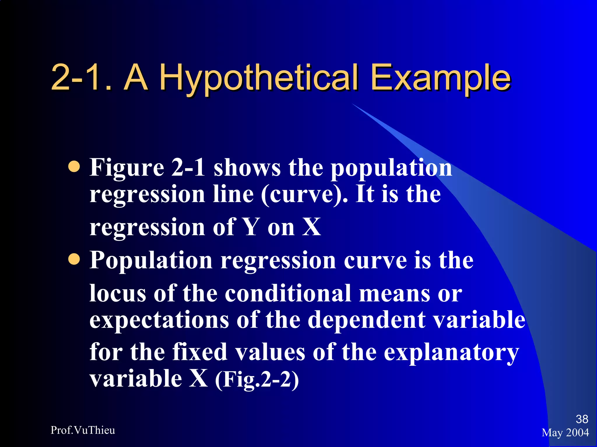 2-1. A Hypothetical Example Figure 2-1 shows the population regression line (curve). It is the  regression of Y on X Population regression curve is the  locus of the conditional means or expectations of the dependent variable  for the fixed values of the explanatory variable X  (Fig.2-2) May 2004 Prof.VuThieu 