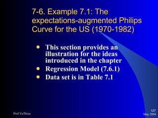 7-6. Example 7.1: The expectations-augmented Philips Curve for the US (1970-1982) This section provides an illustration for the ideas introduced in the chapter Regression Model (7.6.1) Data set is in Table 7.1 May 2004 Prof.VuThieu 