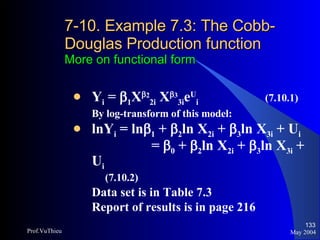 7-10. Example 7.3: The Cobb-Douglas Production function More on functional form Y i  =   1 X  2 2i  X  3 3i e U i  (7.10.1) By log-transform of this model: lnY i  = ln  1  +   2 ln X 2i  +   3 ln X 3i  + U i    =   0  +   2 ln X 2i  +   3 ln X 3i  + U i   (7.10.2) Data set is in Table 7.3 Report of results is in page 216 May 2004 Prof.VuThieu 