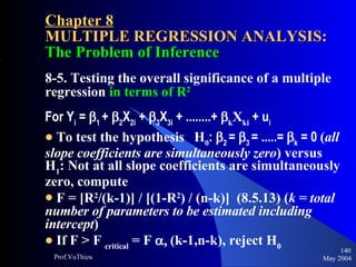 Chapter 8 MULTIPLE REGRESSION ANALYSIS:  The Problem of Inference 8-5. Testing the overall significance of a multiple regression   in terms of R 2 For Y i  =   1  +   2 X 2i  +   3 X 3i  + ........+   k X ki  + u i To test the hypothesis  H 0 :   2  =   3  = .....=   k  = 0  ( all slope coefficients are simultaneously zero ) versus H 1 : Not at all slope coefficients are simultaneously zero, compute F = [R 2 /(k-1)] / [(1-R 2 ) / (n-k)]  (8.5.13) ( k = total number of parameters to be estimated including intercept ) If F > F  critical  = F     (k-1,n-k), reject H 0 May 2004 Prof.VuThieu 