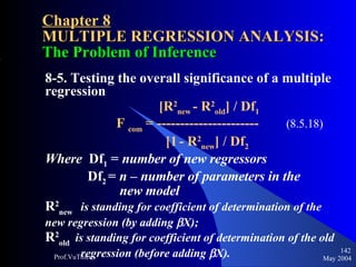 Chapter 8 MULTIPLE REGRESSION ANALYSIS:  The Problem of Inference 8-5. Testing the overall significance of a multiple regression     [R 2 new  - R 2 old ] / Df 1 F  com  = ----------------------   (8.5.18)     [1   - R 2 new ] / Df 2 Where   Df 1  =  number of new regressors   Df 2  =  n – number of parameters in the       new model R 2 new   is standing for coefficient of determination of the  new regression (by adding   X); R 2 old  is standing for coefficient of determination of the old  regression (before adding   X). May 2004 Prof.VuThieu 