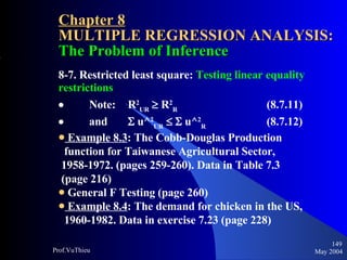 Chapter 8 MULTIPLE REGRESSION ANALYSIS:  The Problem of Inference 8-7. Restricted least square:  Testing linear equality restrictions            Note:  R 2 UR     R 2 R   (8.7.11)            and    u^ 2 UR        u^ 2 R   (8.7.12) Example 8.3 : The Cobb-Douglas Production  function for Taiwanese Agricultural Sector,  1958-1972. (pages 259-260). Data in Table 7.3  (page 216) General F Testing (page 260) Example 8.4 : The demand for chicken in the US,  1960-1982. Data in exercise 7.23 (page 228)   May 2004 Prof.VuThieu 