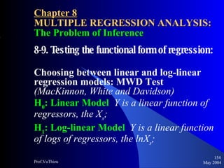 Chapter 8 MULTIPLE REGRESSION ANALYSIS:  The Problem of Inference 8-9. Testing the functional form of regression:  Choosing between linear and log-linear regression models: MWD Test  (MacKinnon, White and Davidson) H 0 : Linear Model  Y is a linear function of regressors, the X s ; H 1 : Log-linear Model  Y is a linear function of logs of regressors, the lnX s ; May 2004 Prof.VuThieu 